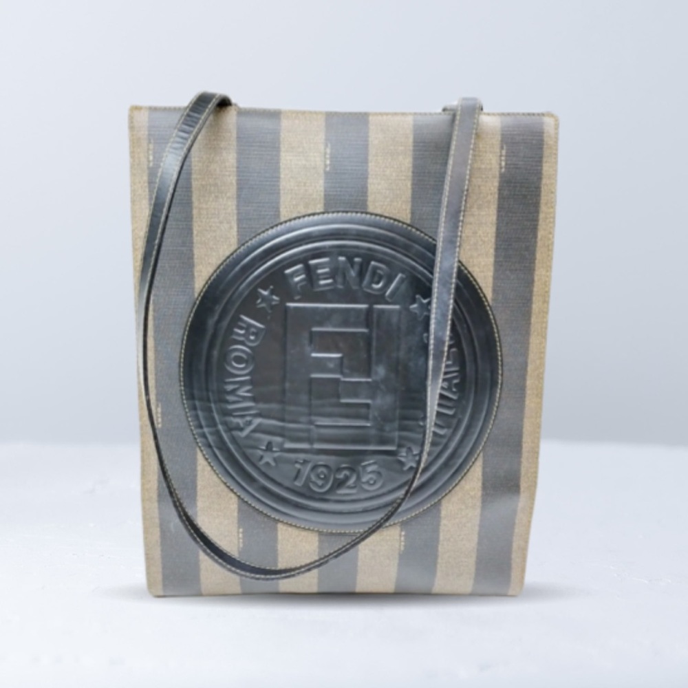 Fendi Tote Bag Large Logo Pequin Stripes Brown Purse